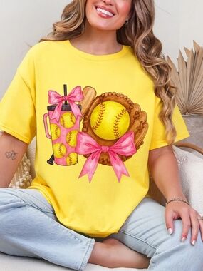 Gildan Yellow Short Sleeve Tee with Pink Bow Softball Graphic